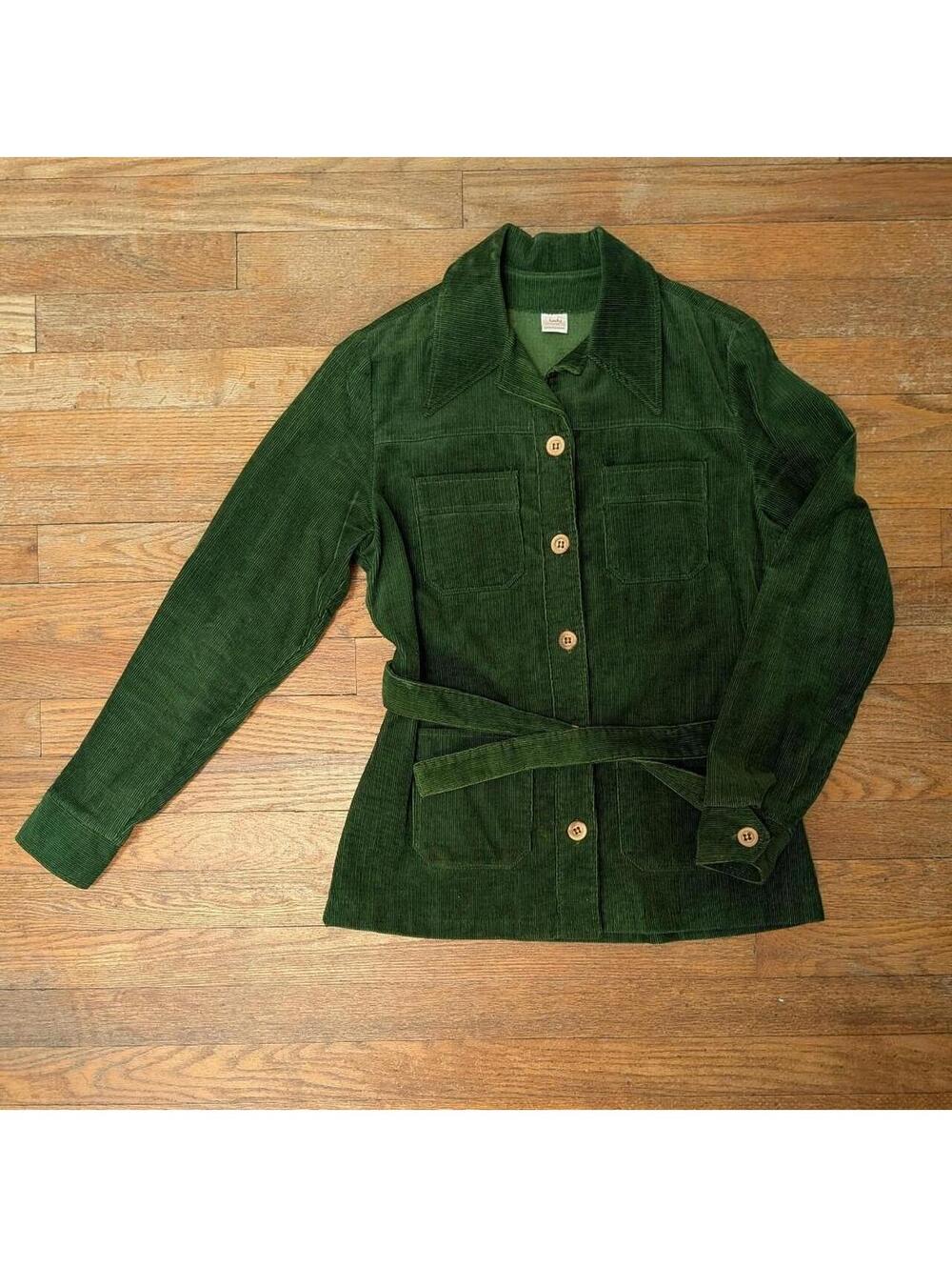 Vintage 1970s Lady Wrangler Forest Green Corduroy Belted Trench Jacket Small